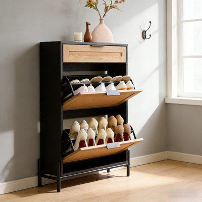 Shoe Cabinet With 2 Flip-Down Drawers & 1 Sliding Drawer