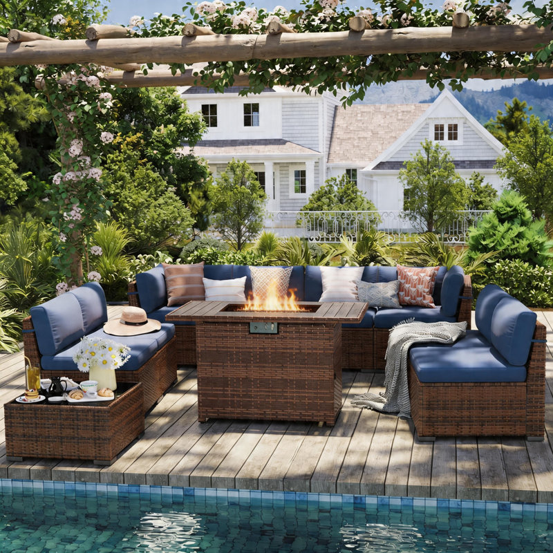 Ensemble de conversation modulaire en rotin pour 8 personnes avec coussins, Bleu, Oui