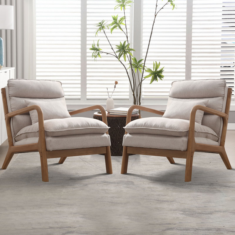 65.5cm Wide Modern Solid Wood Frame Upholstered Armchair with Lumbar Support Pillow, Beige 