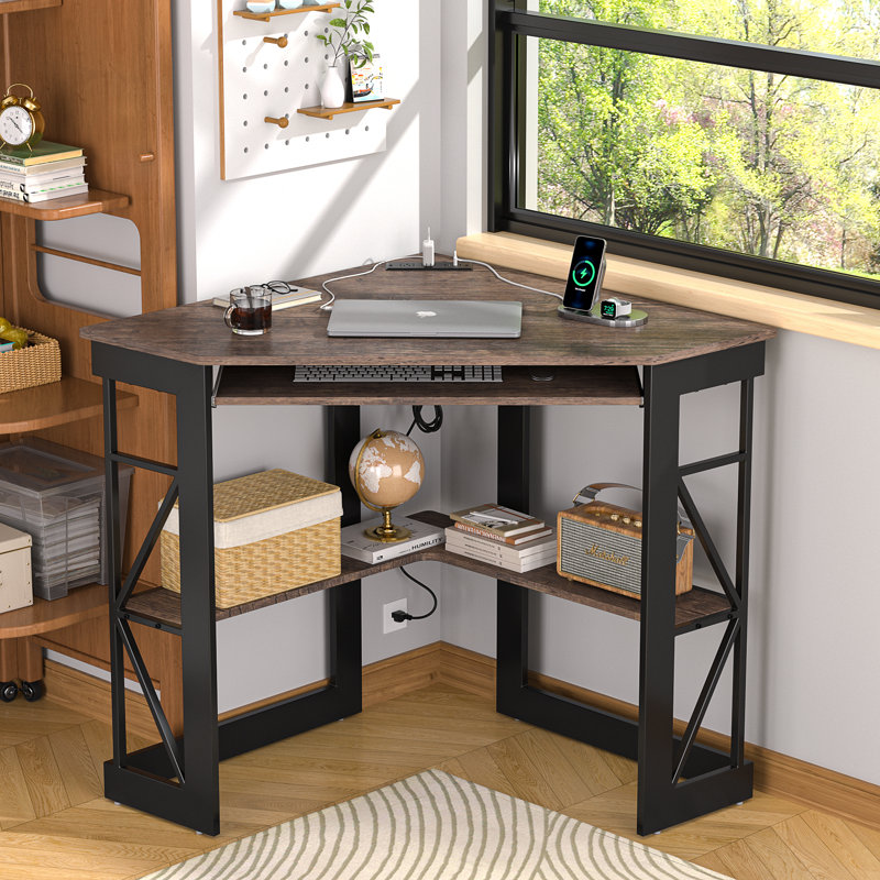 Lambrecht Corner Desk With Outlets & USB Ports, Triangle Computer Desk With Charging Station, Storage Shelf, Space Saving Writing Desk For Small Space