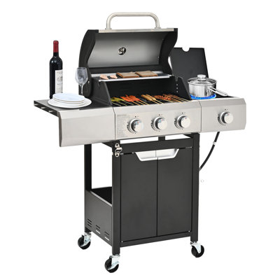 Gril à propane en acier inoxydable à 3 brûleurs avec couvercle et côtés, grilles de cuisson de 376 po², 40 500 $ pour barbecue extérieur, brûleur de camping, acier, hauteur de 44,2 po.