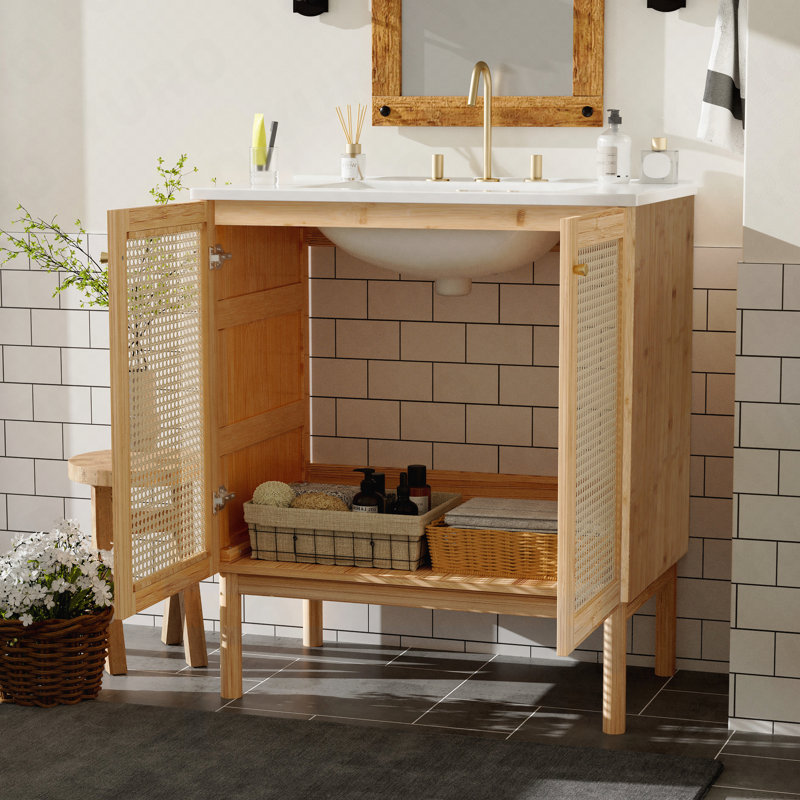 Meuble-lavabo de 30 pouces fabriqué à partir de matériaux naturels, avec des portes en rotin faites à la main et des mécanismes de fermeture en douceur