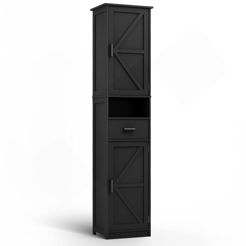 Armoire de rangement de salle de bain avec 2 portes de grange et 1 tiroir, unité de rangement étroite, tablettes réglables,