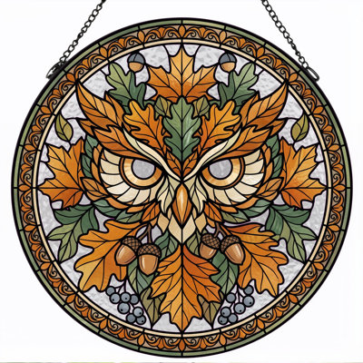 Autumn Owl Stained Glass Window Panel，7.8H
