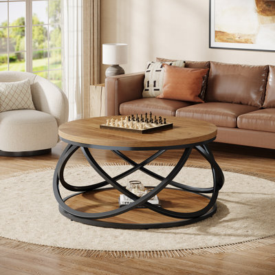 31.5" Round Coffee Table With Storage Shelves, 2-Tier Rustic Circle Center Table With Sturdy Metal Frame For Living Room, Small Space, Brown by 17 Stories