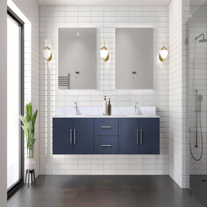 Meuble-lavabo double l 80 po x P 22 po, comptoir en marbre de Carrare, 80", Bleu
