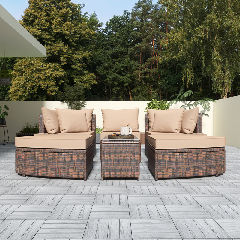 Ensemble de canapé d'extérieur en osier 6 pièces avec table basse, Beige / brun