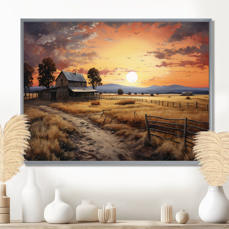 Paysage de grange au crépuscule IV - Art mural de grange pour le salon, H 12 po x l 20 po, Reproduction avec cadre flottant