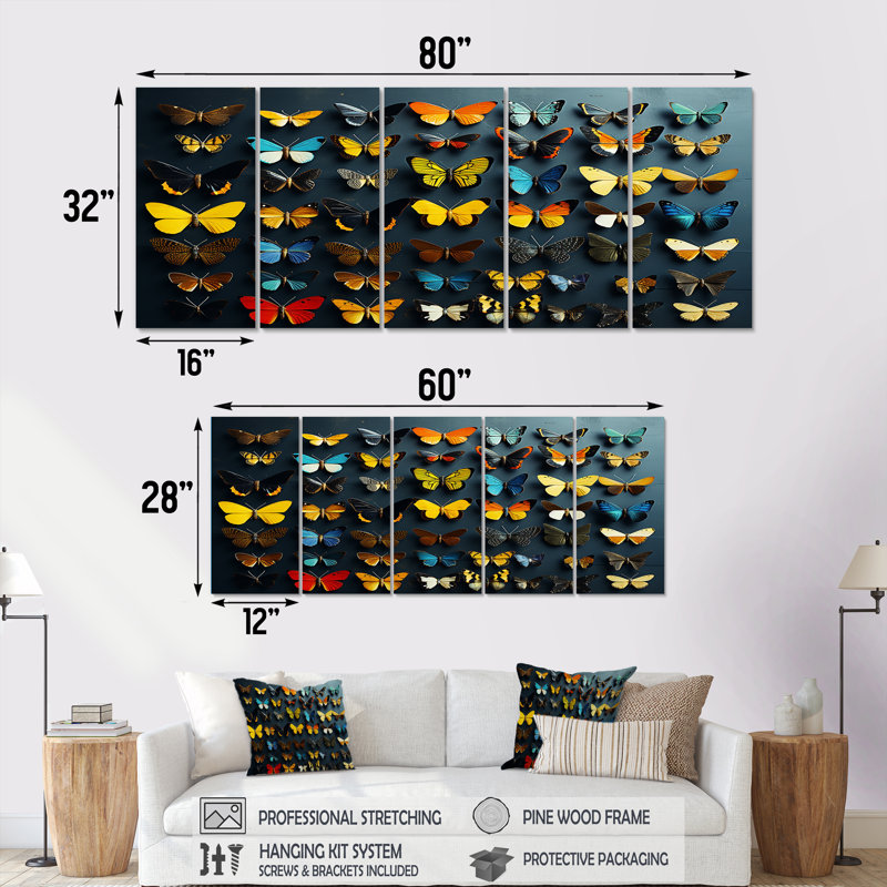 Art mural coloré, papillons volants colorés, H 32 po x l 80 po