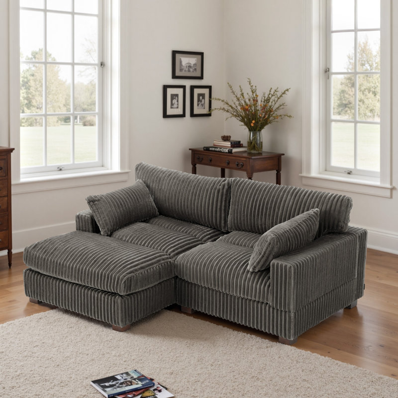 2 - Piece Upholstered Light Gray Faux Rabbit Fur Flannel Reversible Modular Sofa Living Room Sectional Couch with Pillows