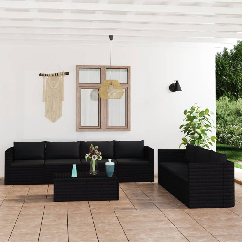 Large canapé de patio avec coussins, 4x Corner + 3x Middle + 2x Table, Black