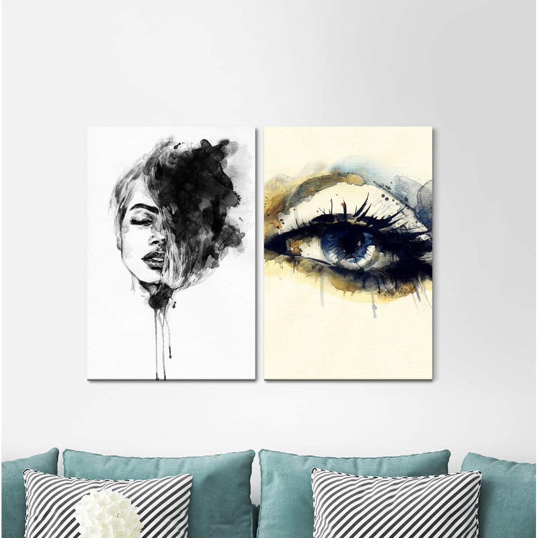 2-tlg. Leinwandbilder-Set - Gemälde „Women Portrait EyeWatercolours Black Sensual Mysterious”