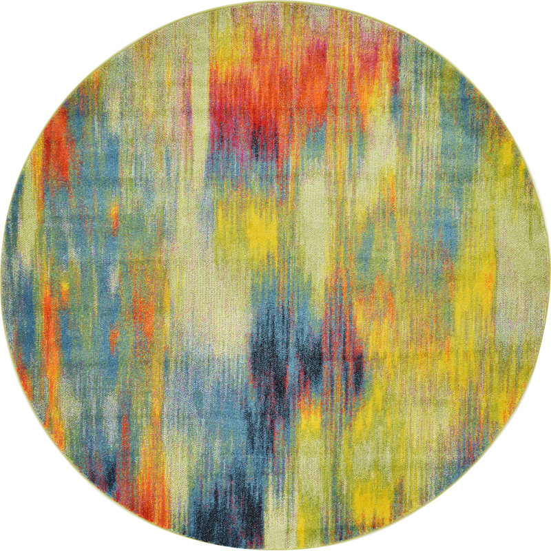 Tapis bleu / rouge / vert à motif abstrait Greydon, Rond 8 pi