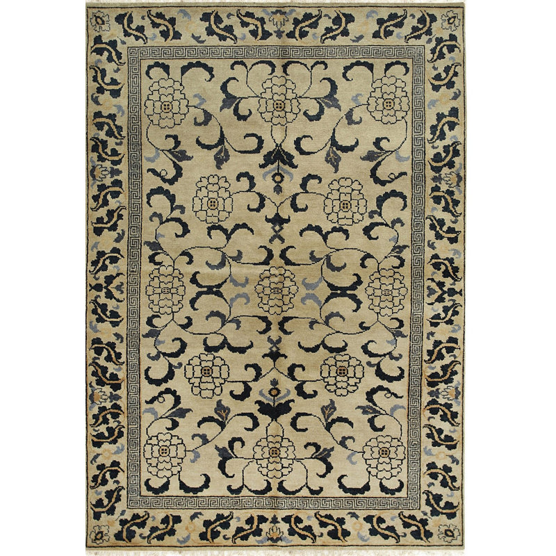 Ivory Hand-Knotted Wool Stylized Floral Symmetry Geometric Modern Contemporary Carpet Rug, 6' x 9'