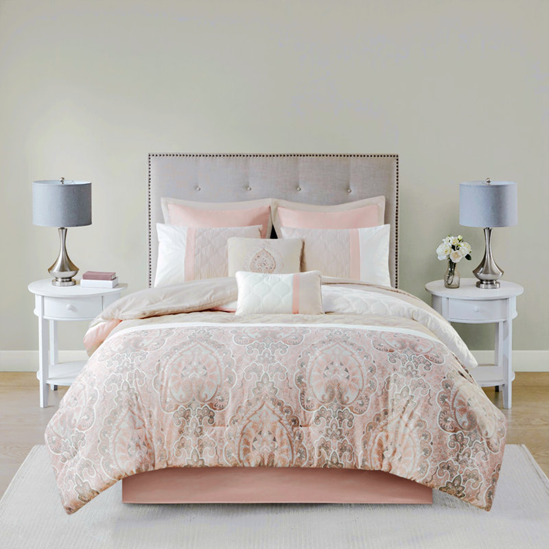 Polyester Comforter, California King Comforter + 4 Pillowcases, Blush Abstract