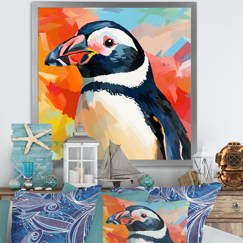 Pop Art Penguin Parade Charm I - Penguin Wall Art, White Floater Framed, 16" H x 16" W x 1" D