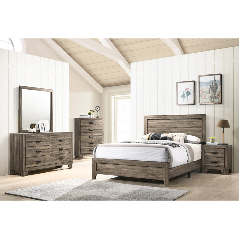 Lit attrayant de grande taille avec chambre à coucher au fini gris, articles de chambre de style contemporain, pièce en bois robuste