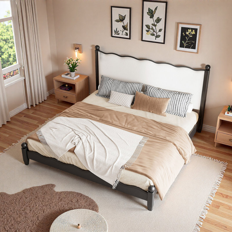Lit plateforme en bois avec tête de lit tapissier festonnée, Noir / Beige, Grand lit
