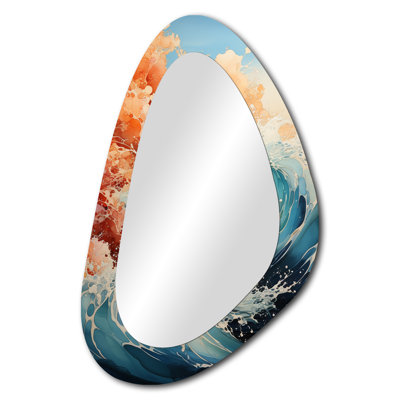 Bryton Coastal Storm Fusion - Ocean Asymmetrical Unique Wall Mirror, Turquoise Unique Shape Mirror, Printed Metal Art