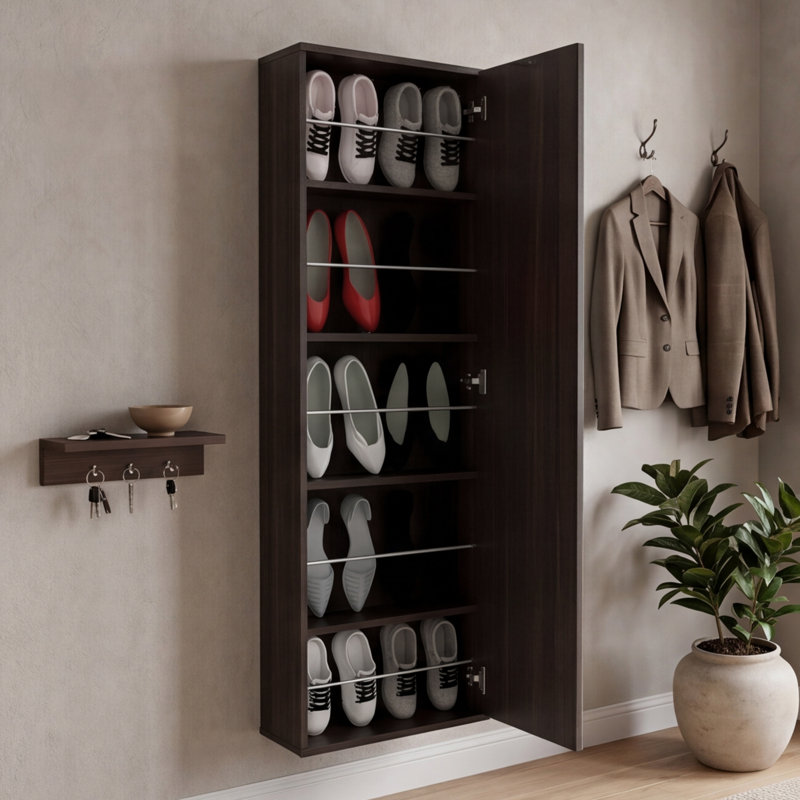 Armoire à chaussures murale noire avec miroir, rangement mince 10 paires pour vestibule moderne, Noir