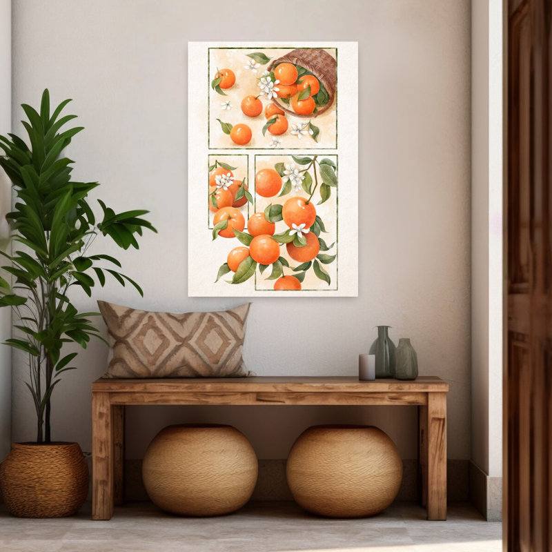 Aquarelle, oranges et fleurs, art abstrait contemporain de paysage de fruits, H 48 po x l 32 po