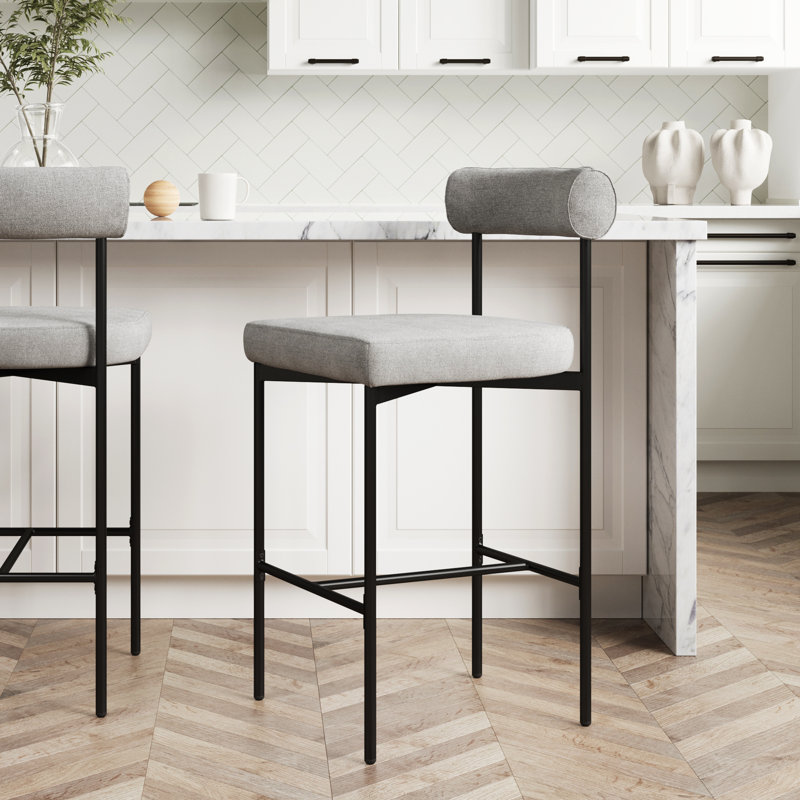 Feather Gray Upholstered Bar Stool with Metal Legs, Counter Stool (26" Seat Height), Gray/Linen, 1