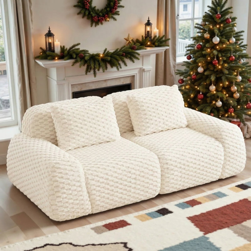 Modern Minimalist Living Room Sofa, Textured Fabric Upholstered Couch, White