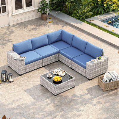 5-Seat Outdoor Wicker Sectional Sofa Set with Coffee Table, Navy