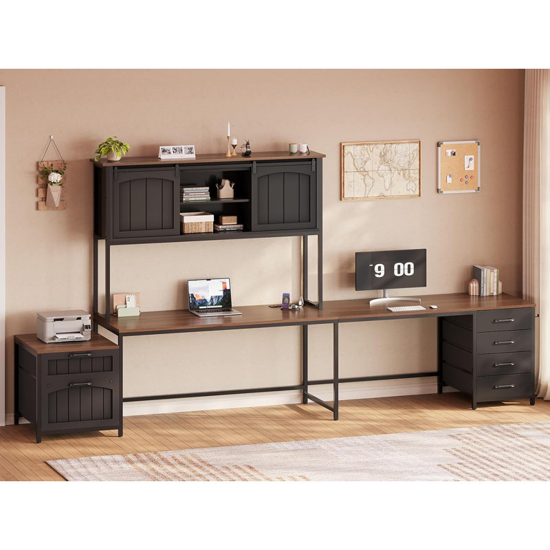 Farmhouse L Shaped Office Desk With 6 Drawer, Reversible Computer Corner Desk, Brown/Black