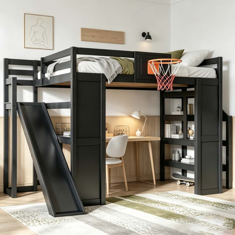 Lit mezzanine double en bois avec bureau intégré, panier de basketball, glissade et escalier, Noir