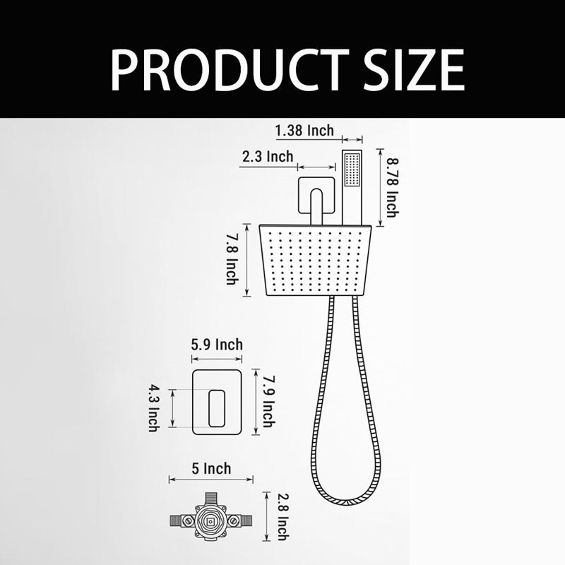 All Metal Shower Faucet Set, Square Shower Head， Handheld Shower Head，Hose, Black
