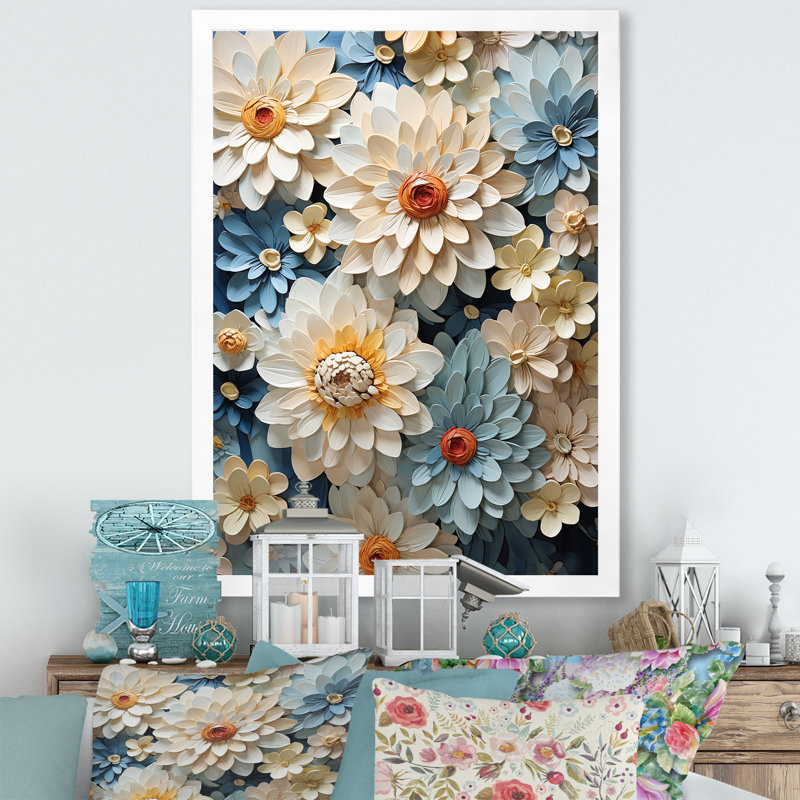 Décoration murale fleurs bleues Zinnias II - Zinnias, Cadre photo noir, H 32 po x l 16 po