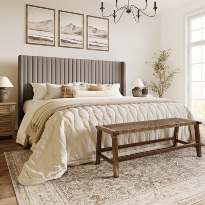 Candler Velvet Upholstered Platform Bed with Wingback Headboard and Wooden Slats