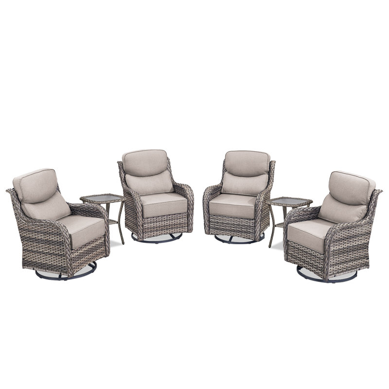 Meriline 4 - Person Outdoor Wicker Conversation Set With Swivel & Glider Chairs And Tempered Glass Side Table, Beige, Gray
