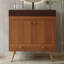 - Meuble-lavabo de style salle de bain avec surface en faux marbre, lavabo en céramique brillante, contreplaqué imperméable et base en acier inoxydable doré pour les petites salles de bain, comptoir, lavabo, rangement à double porte,-133043684