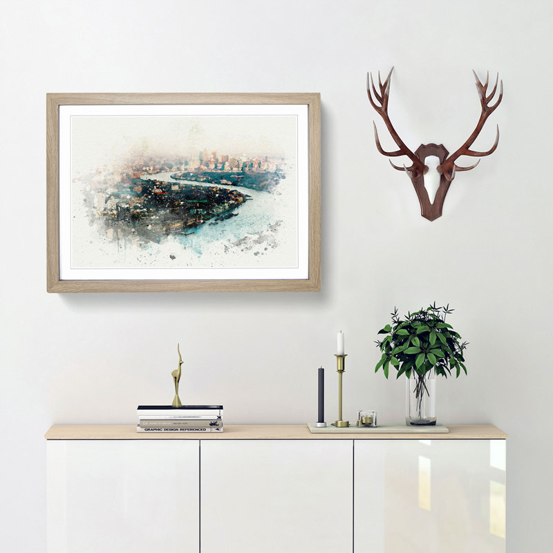 River Thames & London Skyline in Abstract - Framed Print, 60cm H x 91cm W x 2cm D, Oak
