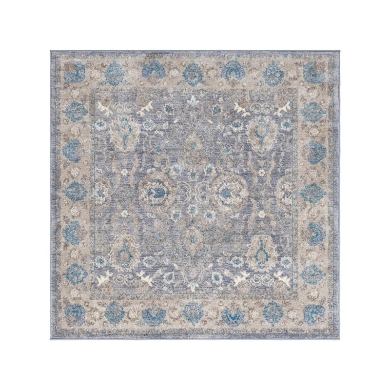 Tapis gris / ivoire / bleu Gwendolyn, Carré 5 pi 1 po - 1