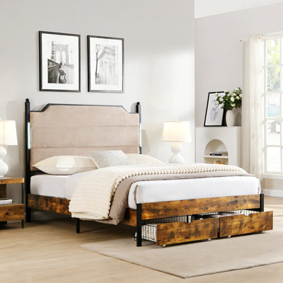 Bed Frame With Upholstered Headboard, Platform Bed With Touch Sensitive LED Lights, 2 Drawers