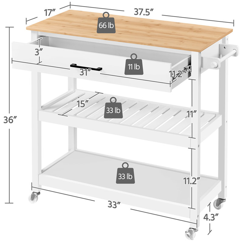 Chariot pour îlot de cuisine sur roulettes H 36 po, Blanc