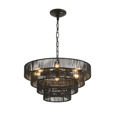 6-Light Black Hemp Rope Chandelier, Tiered Chandelier