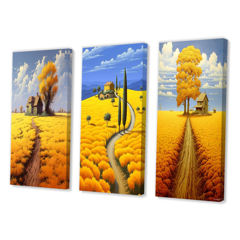 Cottage Countryroad Golden Blossoming Fields I - ensemble de 3 reproductions, H 36 po x l 28 po, Toile tendue