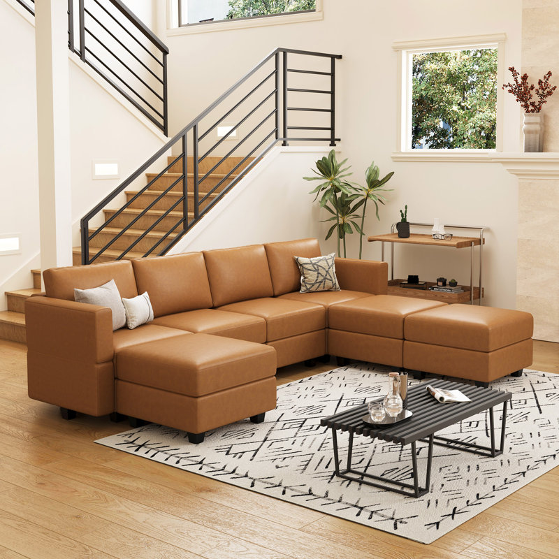 Colusa Faux Leather 7-Seat U Shaped Couch Storage Sectional Sofa Memory Foam Sofa With Ottoman Chaise Longue For Livingroom