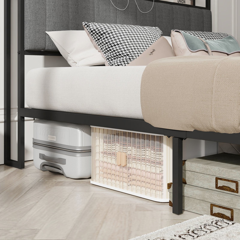 Metal Bed Frame - Upholstered Headboard With Charging Functionality Dark Platform & Function, Full, Dark Gray