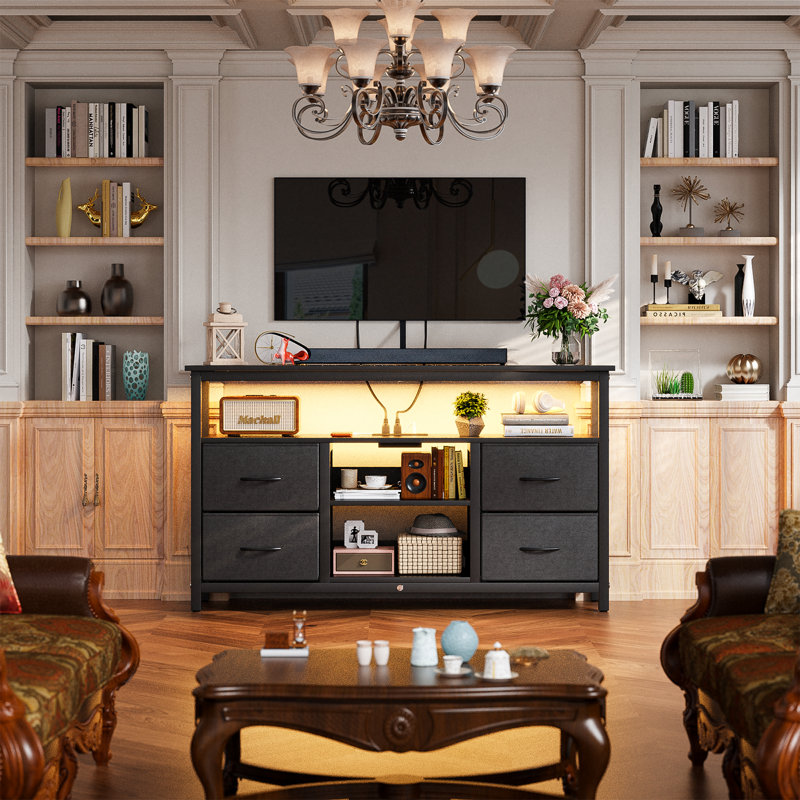 47"W Drawer Dresser, Tv Stand For 55" Tvs with RGB LED Lights & Charging Station - 4 Fabric Storage Drawers