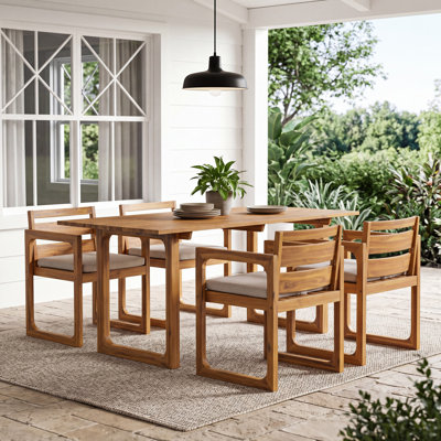 Selborne Mid-Century Modern Solid Acacia Wood Outdoor Dining Set with Slatted Table and Cushioned Chairs