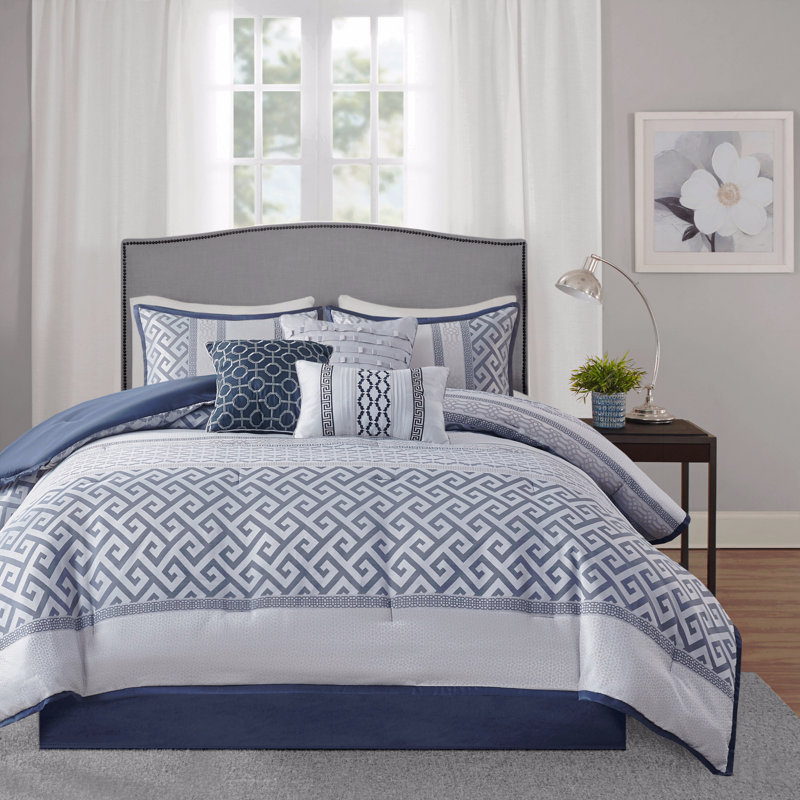 7 Piece Jacquard Comforter Set Navy Queen, Queen Comforter + 6 Additional Pieces