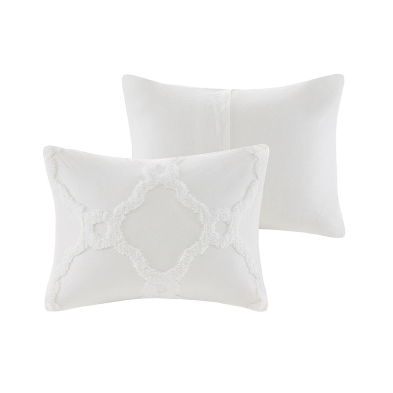3 Piece Tufted Cotton Chenille Geometric Comforter Set Off-White, Full/Double Comforter