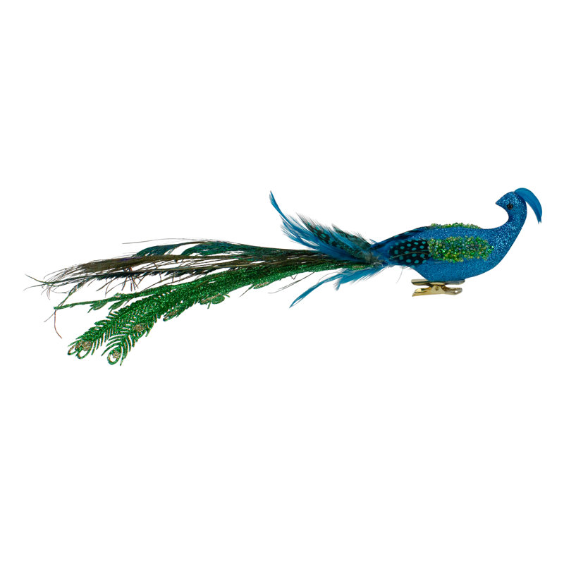 15.25" Blue And Green Glittered Peacock Clip On Christmas Ornament