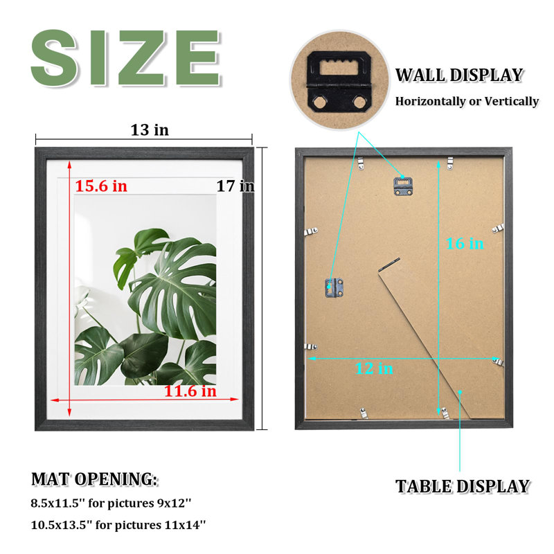 12X16 Picture Frame Made Of Solid Wood With Plexiglass, Display Pictures 9X12/11X14 With Mat Or 12X16 Without Mat For Tabletop And Wall Mounting, Rustic Black