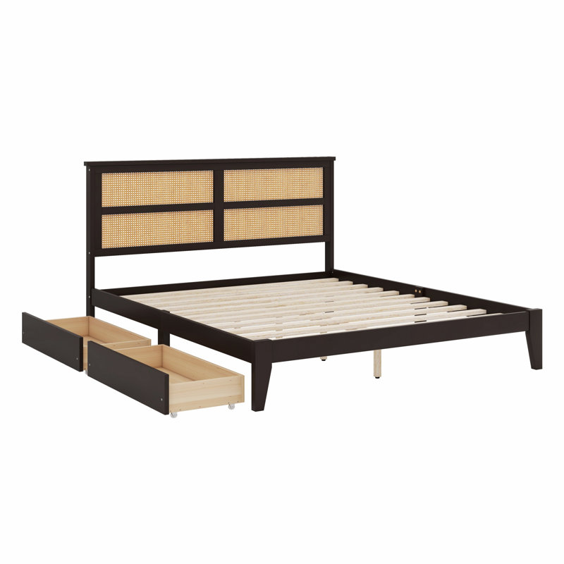 Lit avec tête de lit en rotin, tiroirs de rangement, supports et pieds de soutien améliorés, Espresso